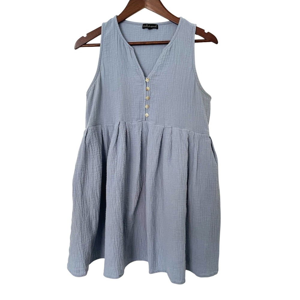Cotton Gauze Babydoll Mini Dress/Tunic Top L Sleeveless V Neck Blue Boho Coastal